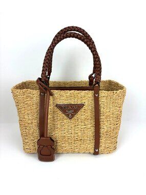 Prada Palmetto Vitello Woven Raffia Naturale Tote Bag